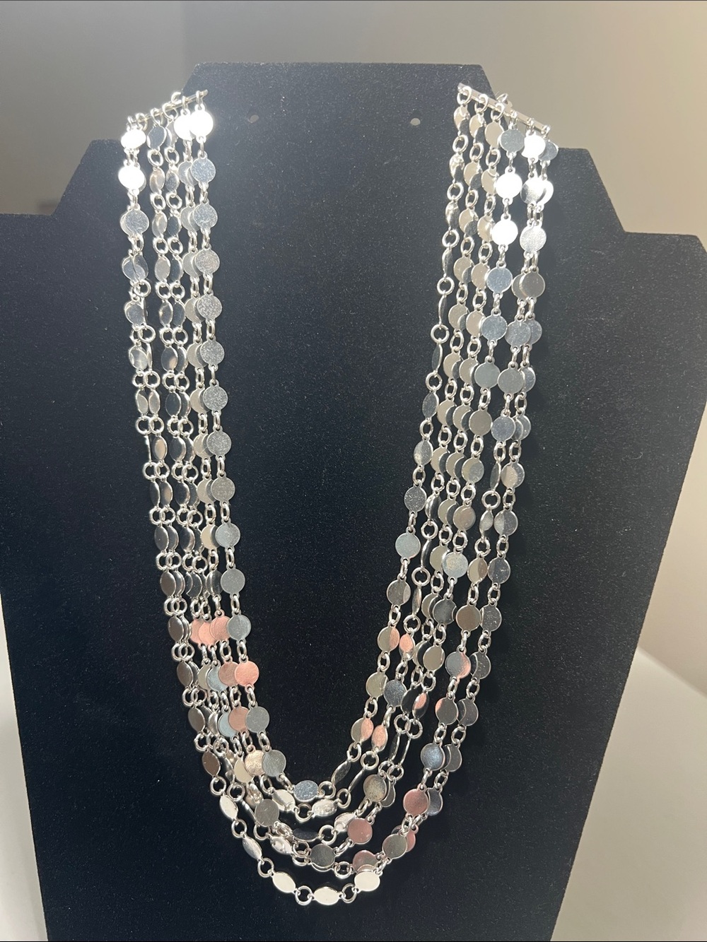 Sparkling Multi-Strand Silver Tone Disc Statement Necklace - Vintage - Picture 16 of 16